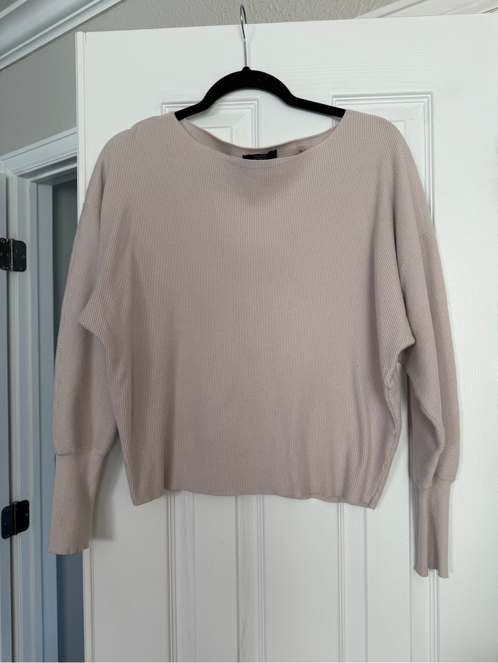 Tahari Neutral Ribbed Crew Neck Sweater in Light Taupe